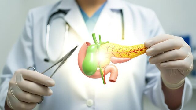 Doctor Holding Pancreas Model Preparing Scissors in Medical Office