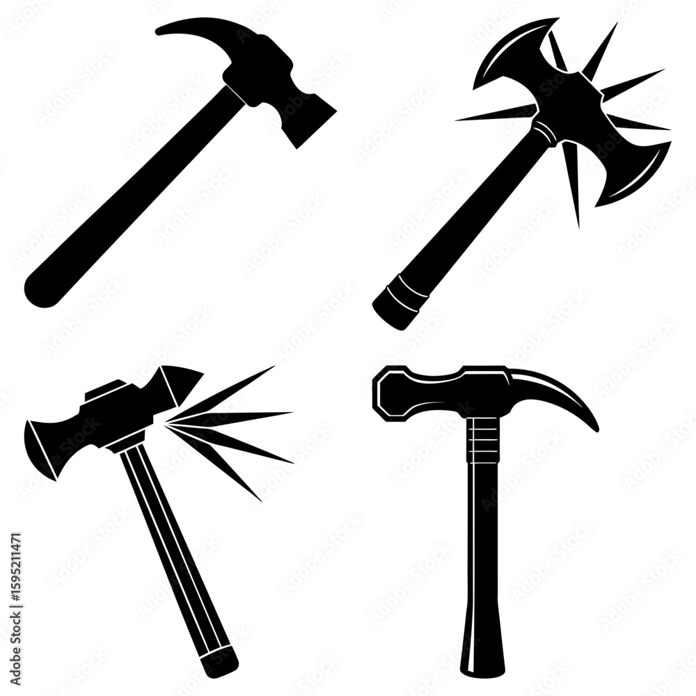 Poster collection of four different black and white hammers and axes displayed on a white background view