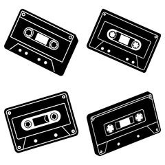 Obraz premium Four black and white cassette tapes arranged in a square format on a white background in a vector image