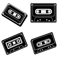 Obraz premium Four black and white cassette tapes displayed in varying orientations on a white background view from above