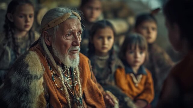 This footage showcases a traditional storytelling scene. An elder conveys profound lessons while captivated children listen intently. A celebration of oral history. Generative AI