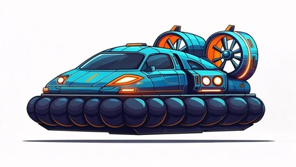 Futuristic blue hovercraft car with dual turbine engines. A sci-fi concept vehicle illustration for future transportation technology on a white background.