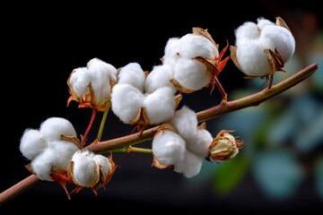 Branch of cotton plants with white bolls against a dark background highlighting their soft texture and protective bracts