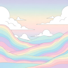 Obraz premium Pastel colored landscape illustration featuring rolling hills with rainbow stripes under a soft, cloudy sky.