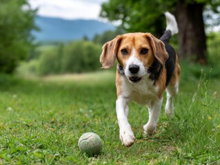 Beagle runs on grass towards a tennis ball in a park