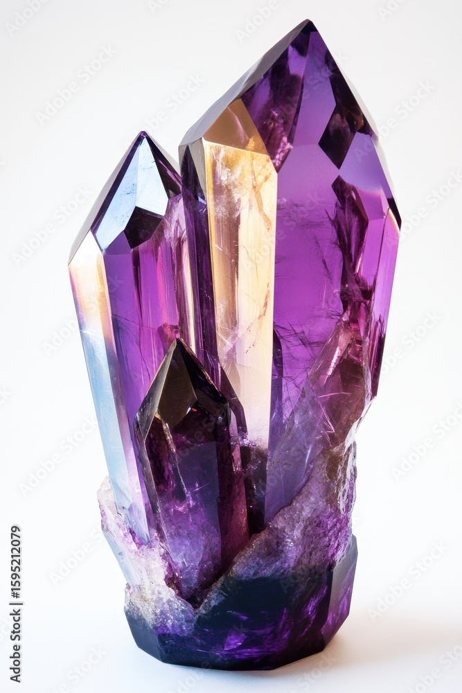 Poster beautiful amethyst crystal cluster with sharp points and rich purple color on white background for n