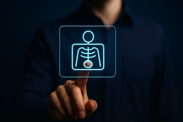 Man Touching Futuristic X-Ray Icon on Virtual Screen in Dark Room for Medical Technology and Healthcare User Interface Concept