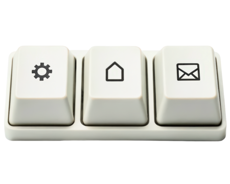 Computer keyboard keys with settings, home, and contact icons on a transparent background