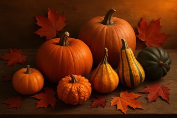 Festive autumn harvest arrangement with vibrant orange pumpkins and colorful fall leaves for Halloween decoration