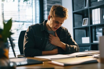 Young Man Sitting at Desk, Experiencing Discomfort, Holding Chest with Concern, Indoor Office Setting with Natural Light and Workplace Documents