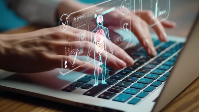 Medical Professional Typing on Laptop with Human Anatomy Hologram Overlay, Telemedicine and AI Diagnostics 168 chars
