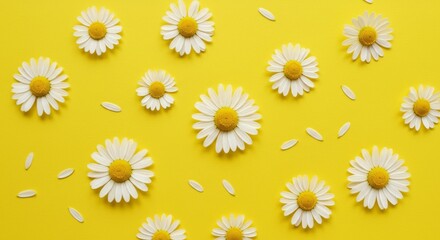Obraz premium Daisies Scattered on Yellow Background Floral Spring Flat Lay