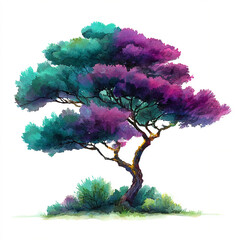 A single watercolor vivid Psychedelic style neon green and purple dream trees