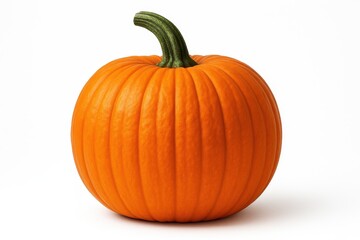 Fresh orange pumpkin with natural stem and ridged texture photographed against pristine white studio background for autumn themes