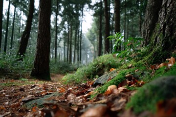 Fototapeta premium Forest floor view with mossy rocks fallen leaves and tall slender trees fading into the misty background