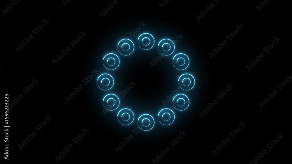 Poster glowing blue neon circular abstract animation with swirling spiral elements on a dark background per