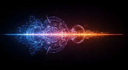 Blue glowing fractal light waves with dynamic futuristic lines and energy design on dark space background wallpaper