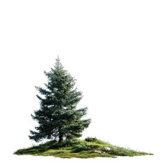 Isolated evergreen tree on a grassy mound