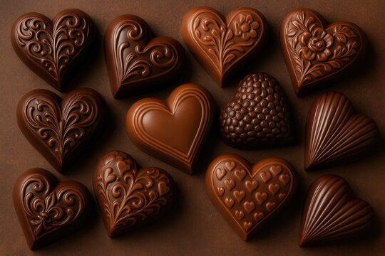 Gourmet artisan chocolate collection featuring heart-shaped confections with decorative patterns perfect for romantic Valentine's Day gifting