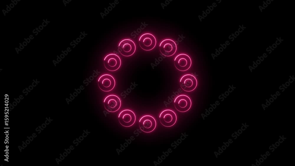 Poster glowing neon pink circular icons arranged in a dynamic spiral pattern on a dark black background