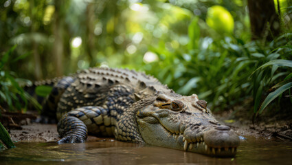 Fototapeta premium Captivating Freshwater Crocodile Resting in Muddy Waters Amidst Lush Greenery A Glimpse into Australian Wildlife and Reptilian Beauty in Natural Setting
