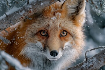 Obraz premium Red fox peeks curiously through snow-covered branches in serene forest setting