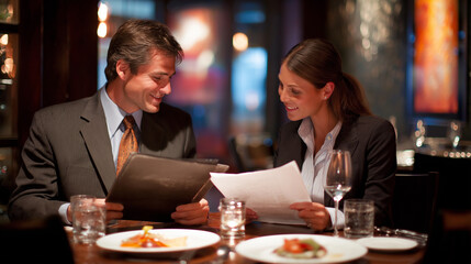 Business couple dining at restaurant and discussing menu choices  