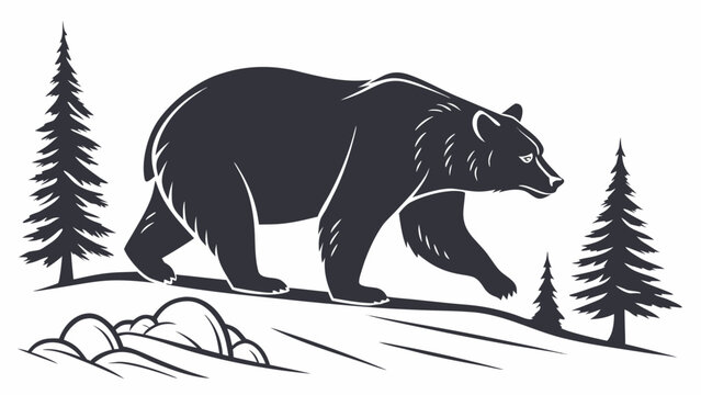 Silhouette of a bear walking through a forest with pine trees and rocks in a black and white design