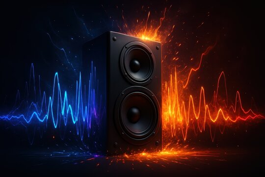 High-powered sound system with dramatic sound wave explosion effects and dynamic energy visualization