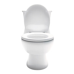 A front view of a white toilet with the lid open against a black background studio shot on transparent background
