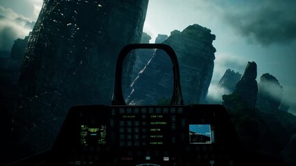 Fighter Jet Cockpit View Through Mountainous Terrain - Powered by Adobe