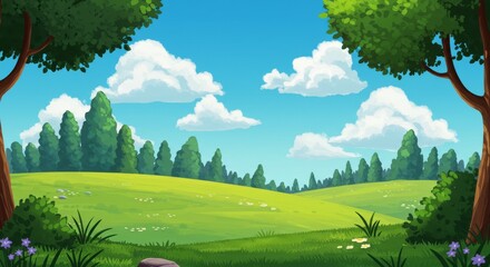 Cartoon Green Meadow with Blue Sky and Clouds Illustration