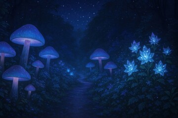 Magical fairy tale garden pathway lined with glowing mushrooms and crystal flowers under starlit sky