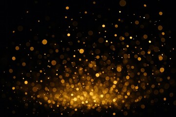 Magical golden bokeh lights creating dreamy atmosphere with sparkling particles floating against midnight black backdrop