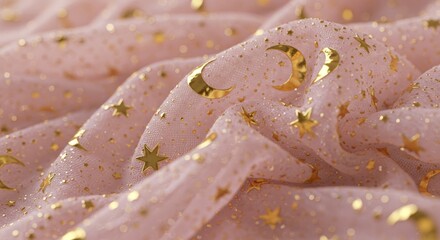 Pink Fabric with Golden Stars and Moon Pattern Texture
