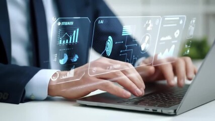 Businessman Typing on Laptop with Holographic Data Visualization - AI, Fintech, Big Data Concept - Powered by Adobe