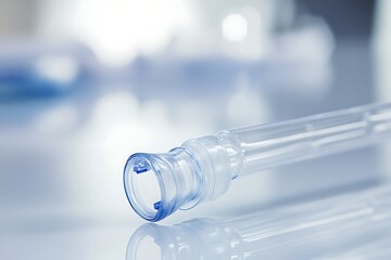 A surgical suction tip with a flexible clear tube and sterile connector, displayed on a white surface. 