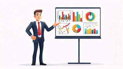 Fototapeta premium Confident Business Professional Presenting Data Analysis on Modern Display Stand for Strategic Planning