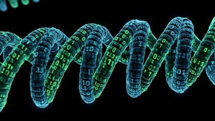 Glowing Teal and Green Binary Code Helix Rotating in Dark Space - Powered by Adobe