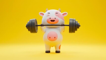 Exercise cartoon A cartoon cow happily lifting a barbell, demonstrating strength and fitness against a yellow background. - Powered by Adobe
