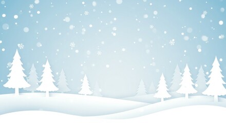 Snow Falling on Winter Landscape with White Trees and Hills