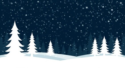 Winter Scene with Snow Falling and Pine Trees in Silhouette Illustration