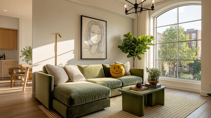 Cozy Living Room Interior: A sun-drenched living room epitomizes comfortable modern living, showcasing a designer sofa, verdant plants, and an artful aesthetic.