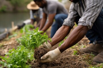 Fototapeta premium Three men plant crops in a field one holding a seedling River visible