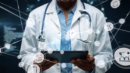 Doctor Using Tablet with Healthcare Data Network Overlay, Modern Medicine Concept - Powered by Adobe