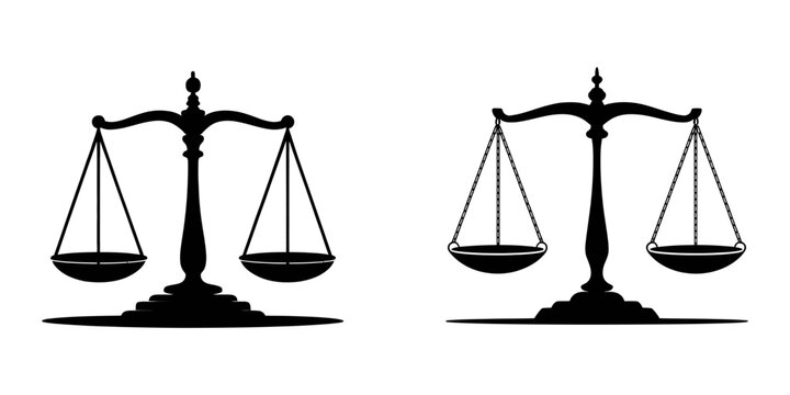 A classic black and white illustration of a justice scale or balance scale symbolizing law fairness and equality on a white background, A simple black and white illustration depicting classic scales
