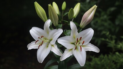 Obraz premium Two elegant white lily flowers bloom with budding stems