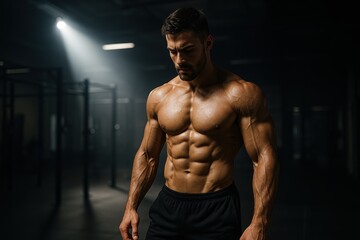 Muscular fitness athlete showcasing post-workout physique with motivational energy in modern gym environment with dramatic lighting