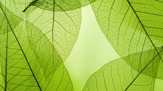 Translucent Green Skeleton Leaves with Intricate Vein Patterns on a Light Green Background