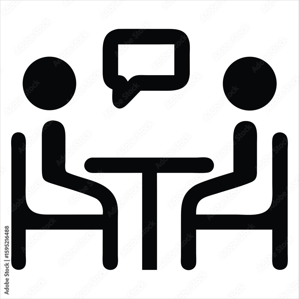 Poster two figures seated at a table with a speech bubble above symbolizing communication, discussion, and 